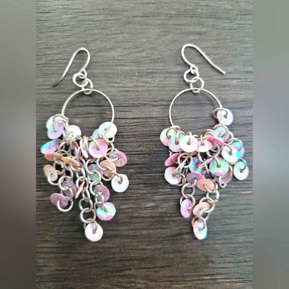 Vintage Pink Iridescent Chandelier Dangling Hook Back Earrings